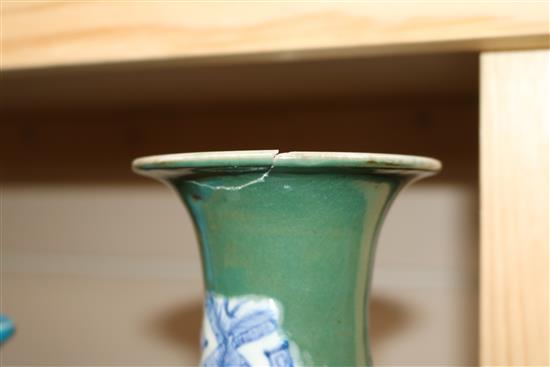 A 19th century Chinese turquoise glazed vase and a green glaze vase Tallest 28cm